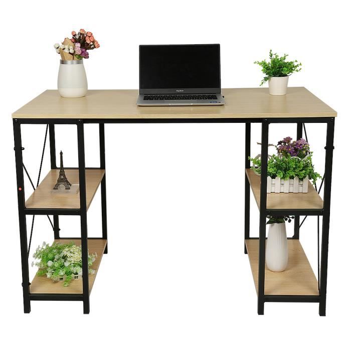 WSdwqaa® Chêne Bureau en Bois et Acier Avec 4 étagères design industriel