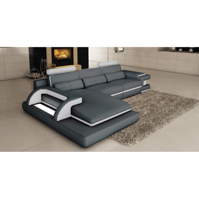 Canapé d'angle cuir gris et blanc design avec lumière IBIZA (angle gauche)