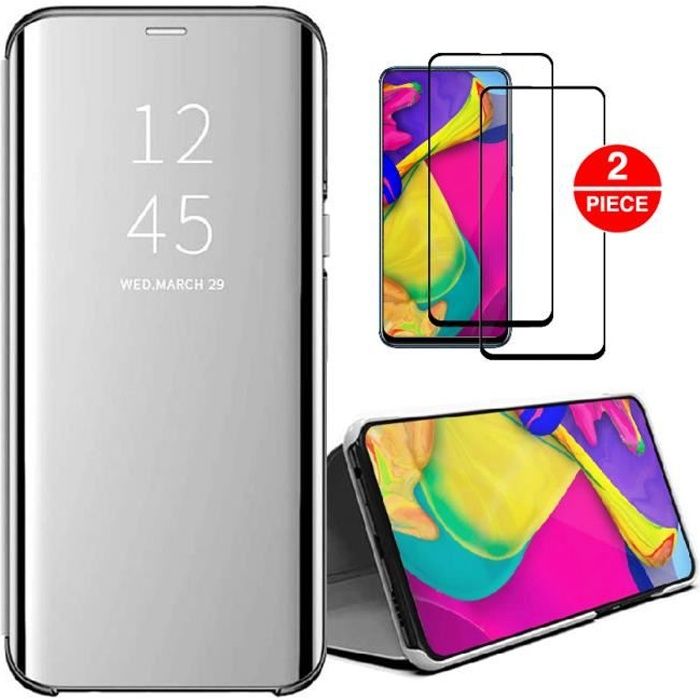 Coque Samsung Galaxy A12, avec 2 Film Protection d'écran Miroir Élégant Cuir Fin Antichoc Bumper Protection, Argent