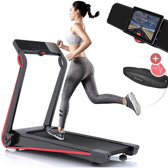 Sportstech F17 Tapis de Course Electrique Pliable Professionnel, Console futuriste, 2.5PS, 12 KM/H, système de Lubrification, Ceintu