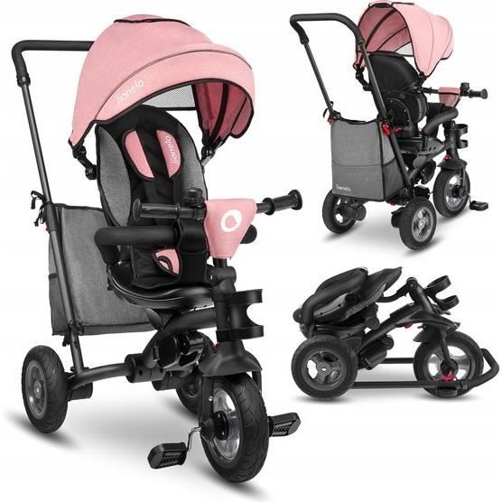 LIONELO Tricycle poussette évolutif enfant Tris 2en1 ratation 180° avec accessoires - Rose