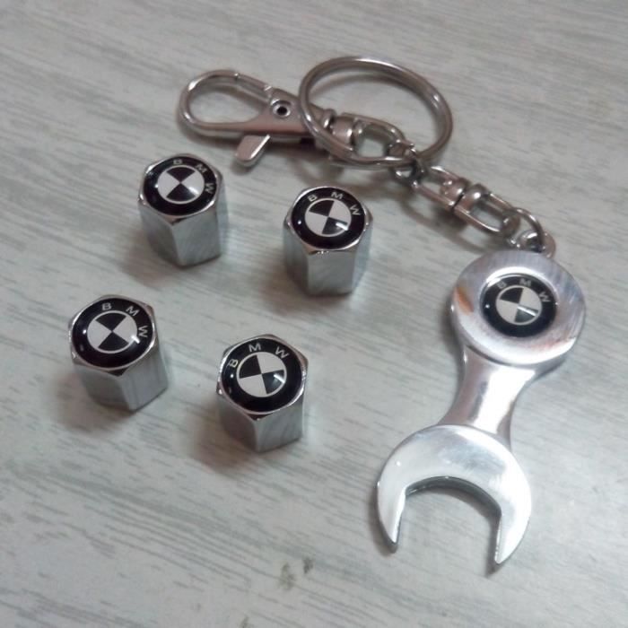 4*Bouchon de valves + Porte-clés ( Chrome ) Blanc Noir logo pour BMW