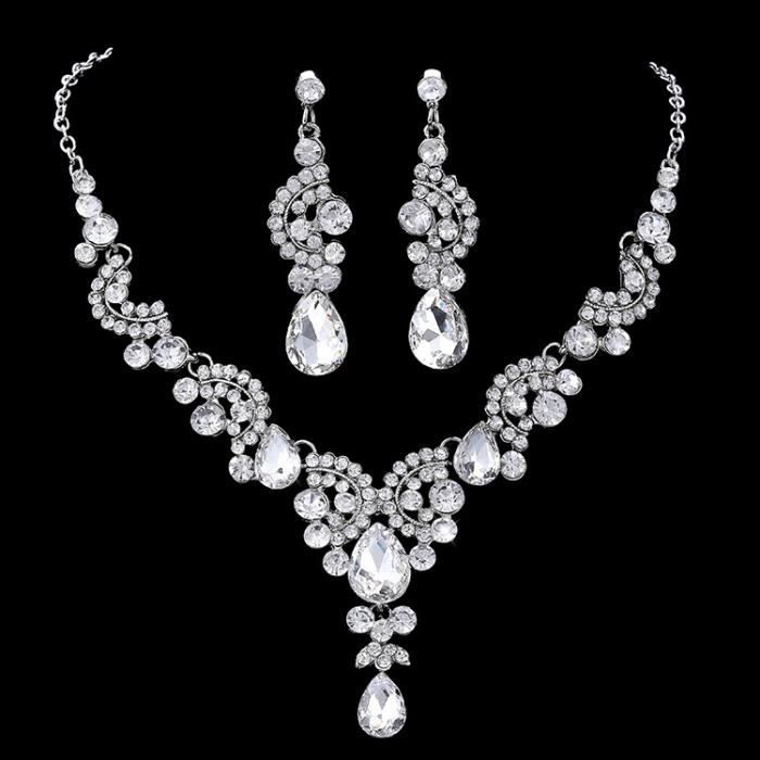 Collier Femme Argent,Ensemble Deux Pièces de Collier et Boucles d'oreilles Colorés,Ensemble de Bijoux Bleu Champagne-Argent-5
