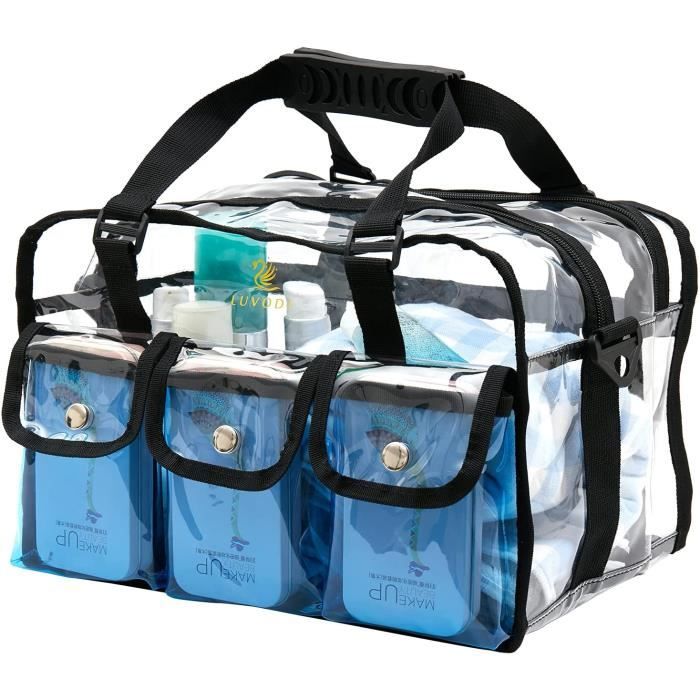 Sac Transparent Femme Trousse de Toilette Transparente Voyage en PVC avec Pochettes Sac de Plage Avion a Zip Bandoulière Rangement