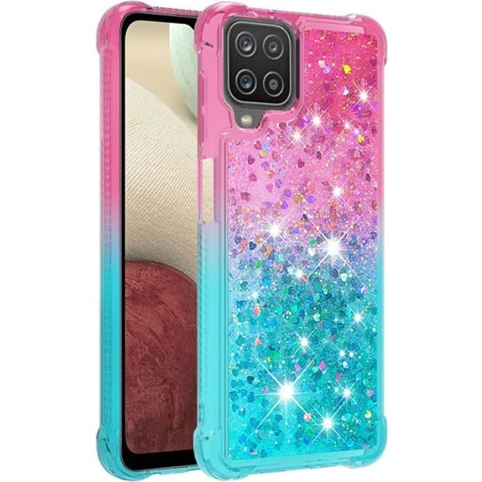 Coque Samsung Galaxy A12, Transparente Silicone Liquide Paillette Gradient Couleur Ultra-fin Antichoc, Rose Bleu