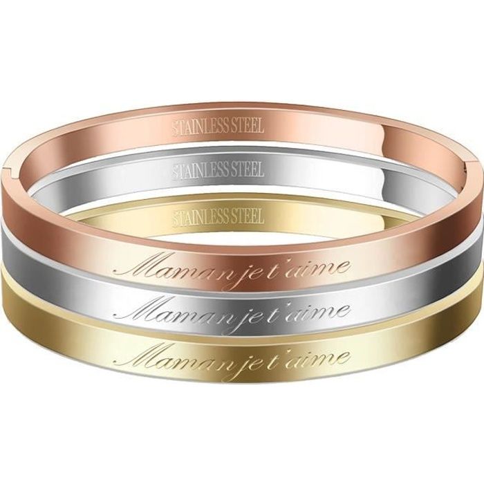 Bracelet Lot de 3 Messages Maman Je T'aime Jonc Fin en Acier Inoxydable 316L, AURSTORE bracelet avec Message Maman Je T'aime