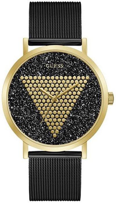 Montre Devinez homme noir Impression logo GW0049G2 de fond pailleté or maille milanaise de points