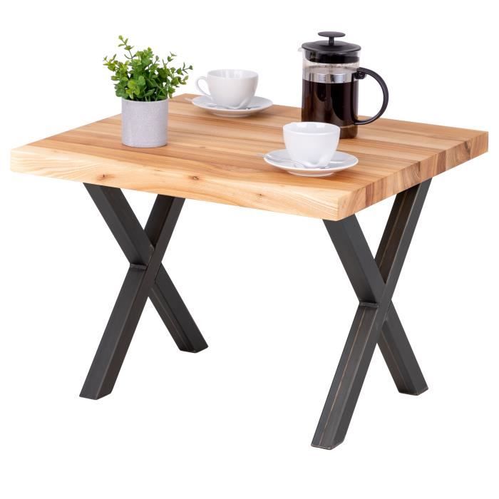 LAMO MANUFAKTUR Table basse industrielle - bois massif - salon - 60x60x47cm - frêne naturel - pieds acier brut - modèle design