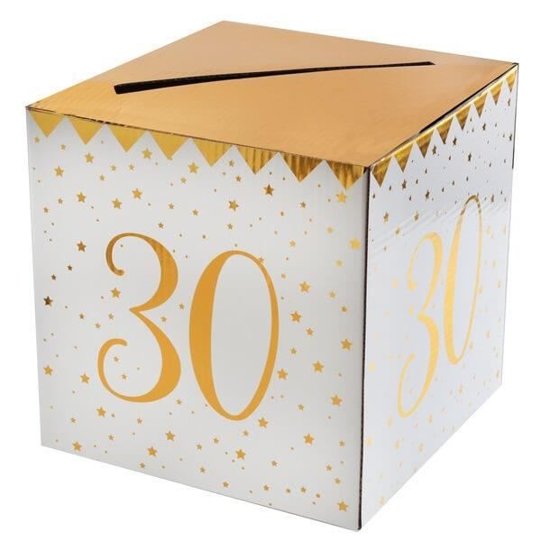 Boîte pour carte de fête anniversaire 30 ans blanche et dorée métallisée (x1) R/6186
