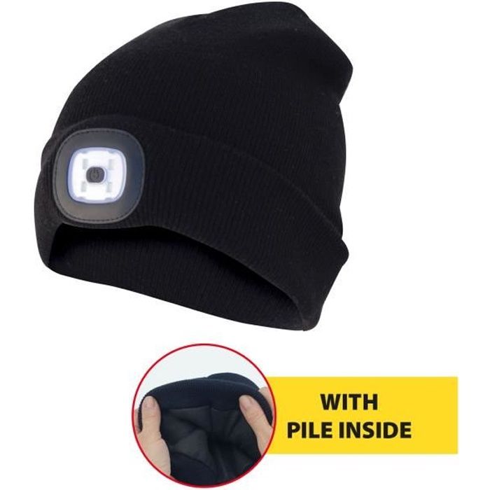 Lampe Electrique - Lampe De Poche - LIGHTHOUSE : Bonnet avec lumière frontale LED rechargeable et doublure polaire. Noir