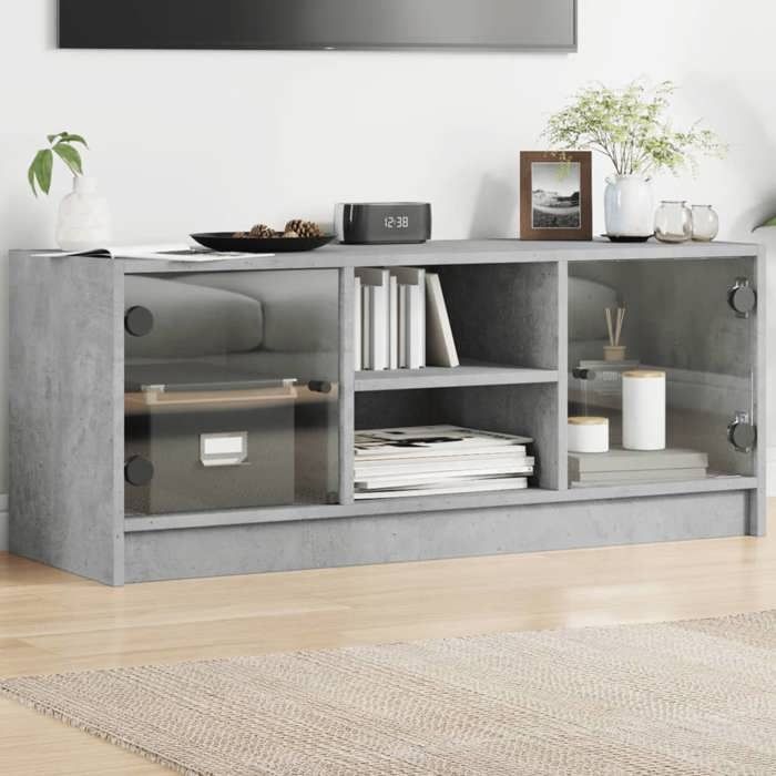 vidaXL Meuble TV avec portes en verre gris béton 102x37x42 cm 836374