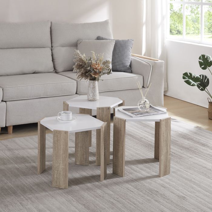 Ensemble de 3 tables basses gigognes Rantasalmi blanc effet chêne
