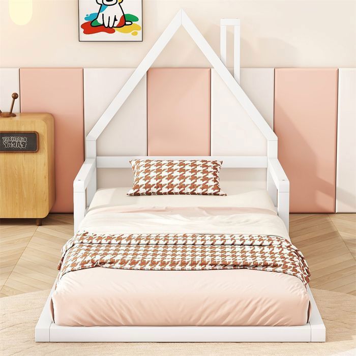 Lit Au Sol Enfant 90 x 200cm Lit Cabane Montessori Enfant Blanc Forme Maison Sommier Inclus Protection Antichute Bois Massif