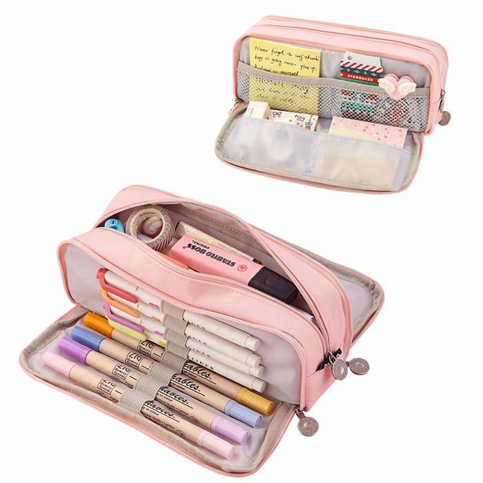 Trousse à Crayons Grande Capacité 3 Compartiments Pour Femmes Et Filles - Design Bleu