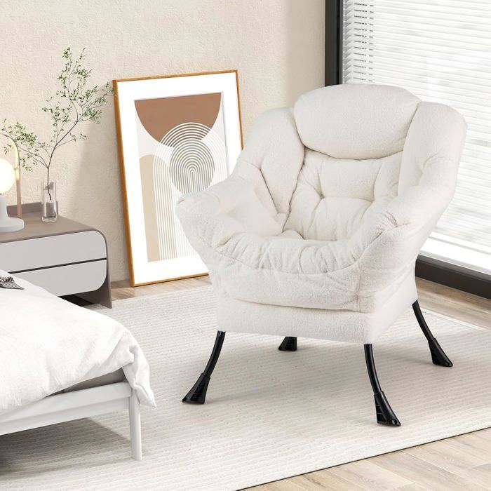 Fauteuil Relax COSTWAY-Coussin de Tête-Dossier et Siège Capitonnés-Accoudoirs-Poche de Rangement-Cadre en Métal-Charge 150 kg-Beige