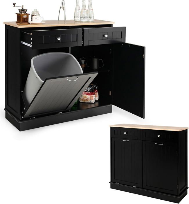 GIANTEX Buffet de Cuisine-2 Tiroirs+ 2 Placards-1 Placard pour Poubelle 44L(Non Inclus)-1 Placard à 2 Etages-Étagère Réglable-Noir
