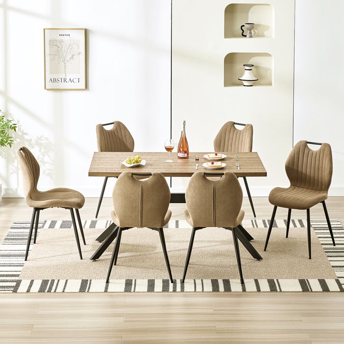 Ensemble table à manger - WAFTING - 6 places - Table 140x80x73 cm - Chaises tissu marron - Pieds métal