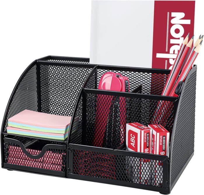 Organiseur De Bureau En Maille Métallique Noir - Porte-Stylos Multifonction Avec Tiroir