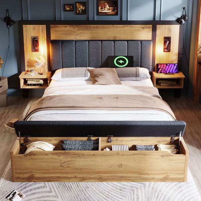 Lit coffre 160 x 200 avec sommier à lattes,lit coffre avec port USB et éclairage,cadre de lit 2 personnes avec deux tables de chevet et rangement, lit adulte capitonné double,velours,gris et naturel