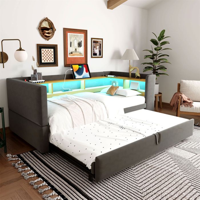 Lit Gigogne 90×190 pour Adulte Enfant Ado Lit 2 Place avec Rangement et LED Canapé-Lit Extensible 180cm avec Ports USB Gris
