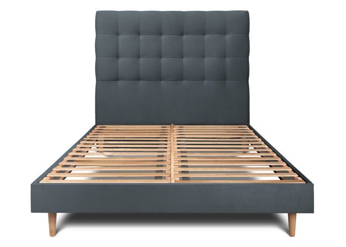 Lit 140x190 cm avec Tête de lit capitonnée - Tissu Velours - Sommier Kit Gris anthracite