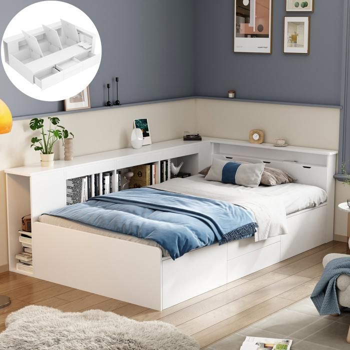 Lit simple multifonctionnel pour enfant-90 x 200 cm-Grand espace rangement-Tiroir bibliothèque meuble rangement-Sans matelas-Blanc