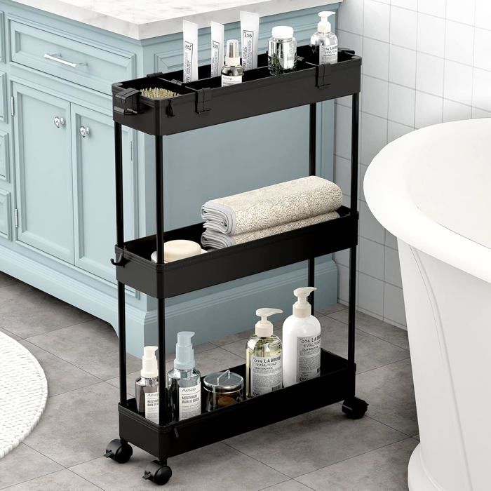 Desserte - SPACEKEEPER - 3 Niveaux - Noir - Roulettes 360° - Démontable transformable 2 couches