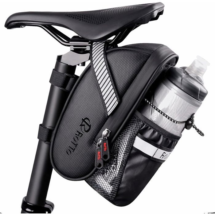 Sacoche De Selle ROTTO 1,05L – Imperméable, Porte-bouteille (diam<9cm), éléments Réfléchissants, Sangle Velcro, 155g