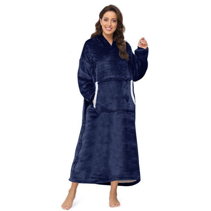 Plaid Pull Capuche--Grand Sweat Couverture de Flanelle Capuchon Oversize Bleu avec Manche et Poche Pour Hommes Femmes Label YYV