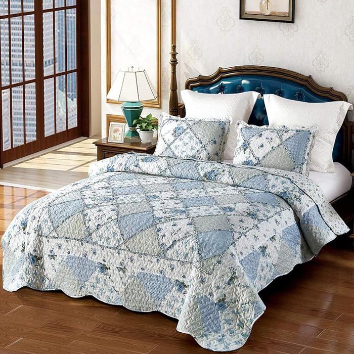 Couvre Lit 2 Personnes 250x270 cm - Dessus Lits et Couvre-Lits Patchwork en Microfibre Bleue à Motif 250x270 cm#Bleu JETEE DE LIT