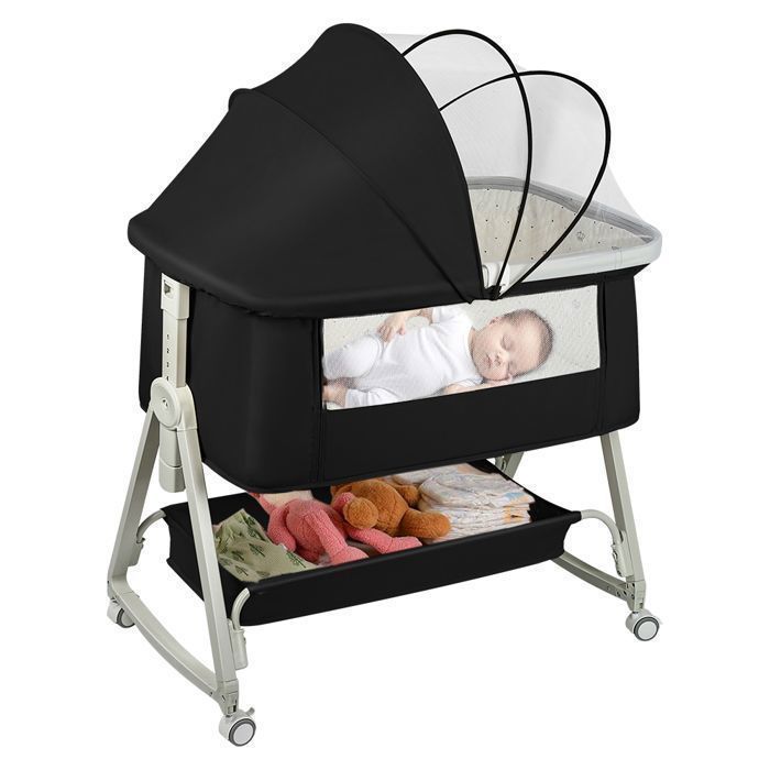 Lit Bébé Cododo avec Fonction Bascule - Berceau Cododo avec Matelas et Moustiquaire - 50x90x68-80 cm - Noir