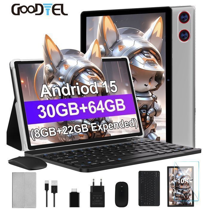 GOODTEL Tablette tactile 10.1 Pouces Android 15 30Go+ 64Go(512Go TF) 8coeur 6000mAh Widevine L1 Claviersouris-Argent