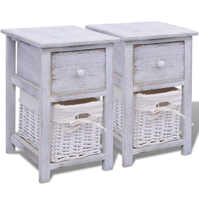 Table de chevet en bois - GKO - Lot de 2 - Blanc - 28x31x45 cm - Tiroir et panier en osier - Panier détachable