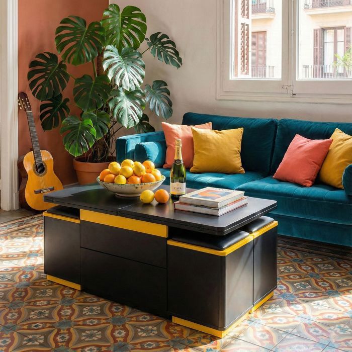 Table Basse Relevable - 4 Poufs Rangement Inclus - Plateau Pliant - Moderne - Noir et Jaune
