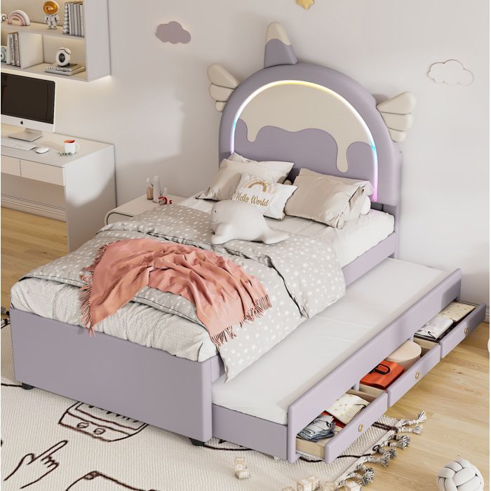 Maisentiel Lit gigogne enfant licorne violet 90 x 200 cm avec 2 tiroirs PU et MDF
