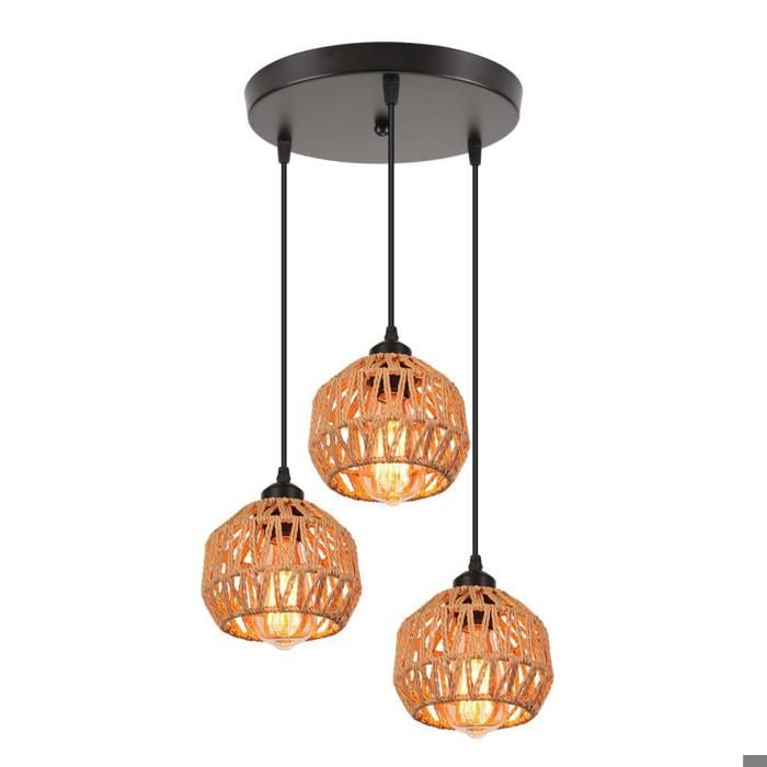 WOTTES 3 Lampes Suspension Luminaire Vintage Disque Lustre Industriel en Rotin Marron et Métal Ø16cm Abat-jour Éclairage Cuisine