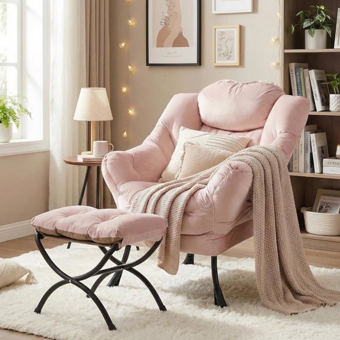 Fauteuil lounge à oreilles - LUNSY - 84x685x99 cm - Rose - Repose-pieds pliable - Accoudoirs ergonomiques