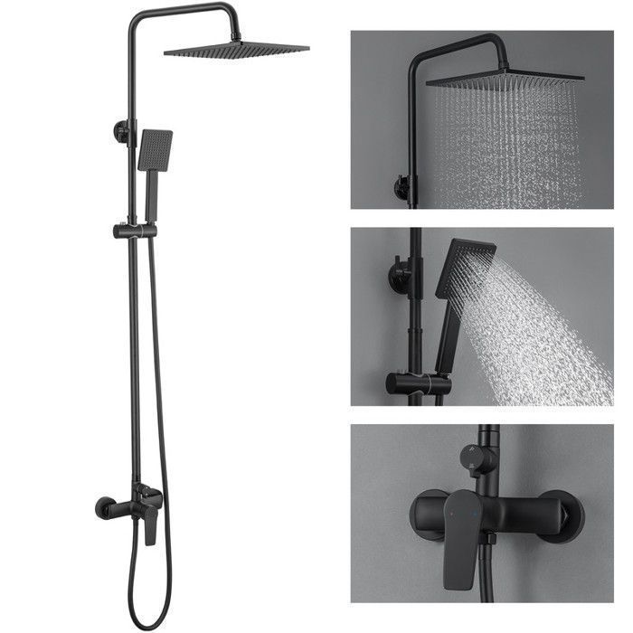 Colonne de douche - AURALUM MAX - Mécanique - Noir - Douchette à main carrée - Réglable 93-130 cm