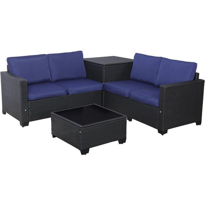 Salon de jardin en résine tressée avec coffre de rangement Riley - 4 places - Bleu foncé