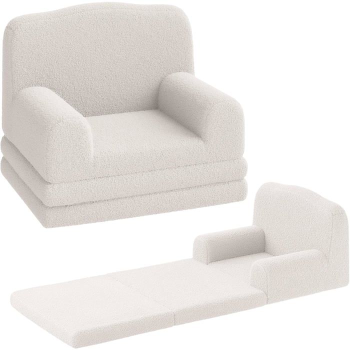 Canapé Convertible 2 En 1 Pour Enfants : Fauteuil Et Lit Pliant En Mousse. Tissu Sherpa Doux-BLANC