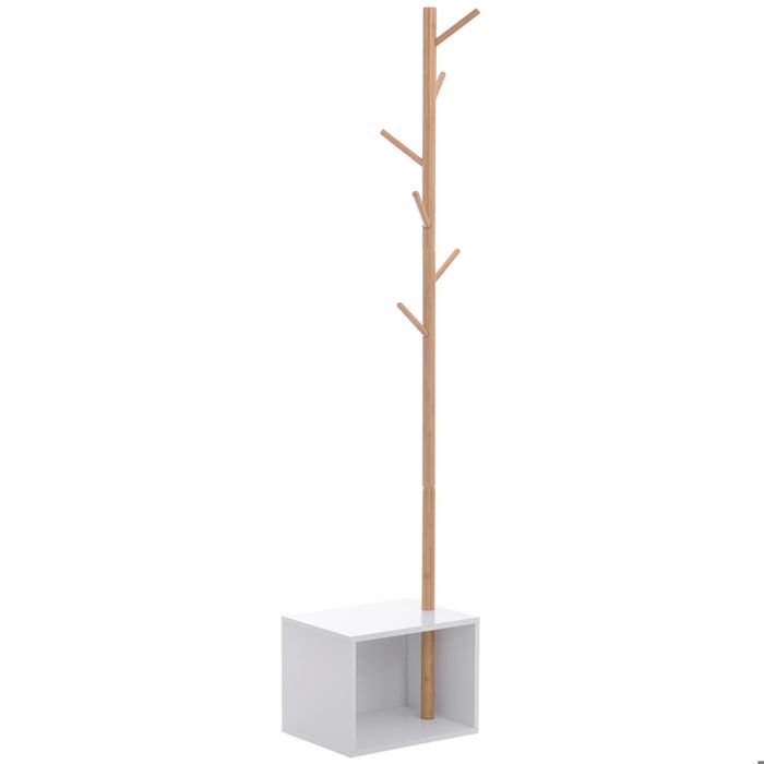 Porte-manteau 2 en 1 sur Pied 6 Patères Meuble dEntrée Manteaux Chapeaux Couloir Salon Chambre MDF Bambou 40 x 30 x 180 cm Blanc