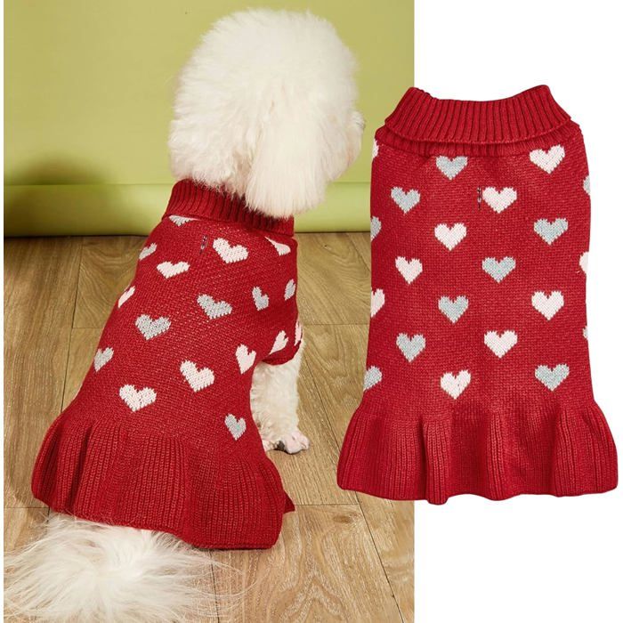 Robe pull en tricot à col roulé avec motif cœur pour petit chien et chat (rouge taille XS)