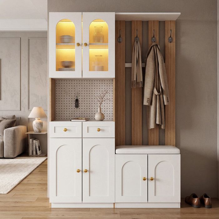 Bladez - Porte-manteau dentrée Armoire multifonctionnelle avec banc et éclairage LED Avec crochet Blanc et chêne