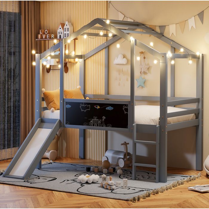 ULEVR Lit mezzanine enfant 90 x 200 cm gris en bois style maison avec toboggan échelle et tableau noir