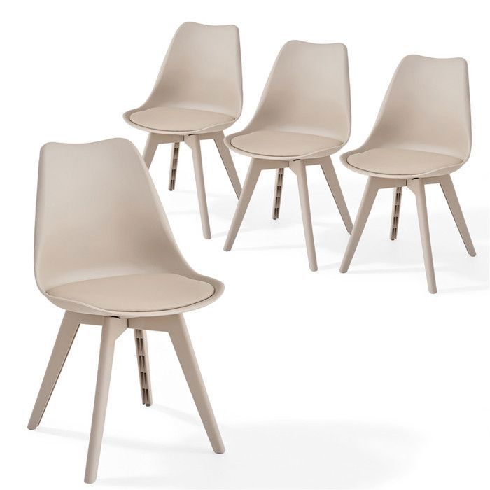 Lot de 4 chaises - Scandinave - Beige — Pieds en plastique Beige — Avec coussin simili cuir