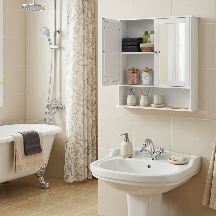 Element Mural de Salle de Bain avec Miroir Armoire Murale à 2 Portes Miroir Étagère Réglable Compartiment Ouvert Blanc Element Mural de Salle de Bain avec Miroir Armoire Murale à 2 Portes Miroir Étagère Réglable Compartiment Ouvert Blanc
