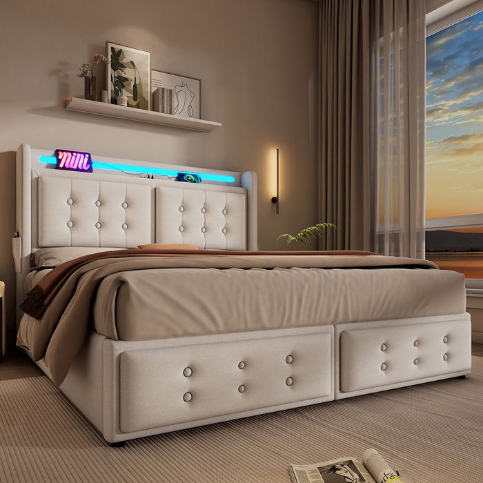 Lit Coffre 160 x 200 cm - avec LED et port USB-C - Tête de lit capitonné avec étagères ouvertes - Sommier à lattes - Beige - Coton