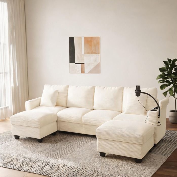 Canapé modulable U convertible avec fonction couchage beige finish en velours côtelé capacité 4 à 6 personnes