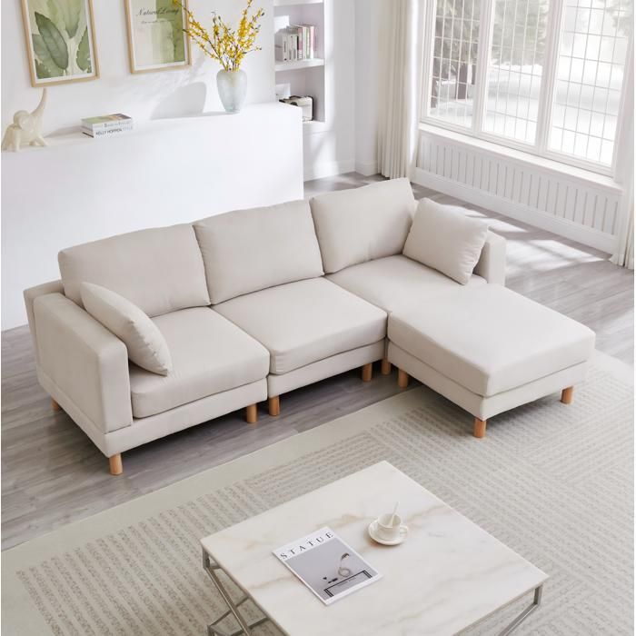 Canapé d’angle modulable 3 places avec pouf beige tissu polyester style scandinave