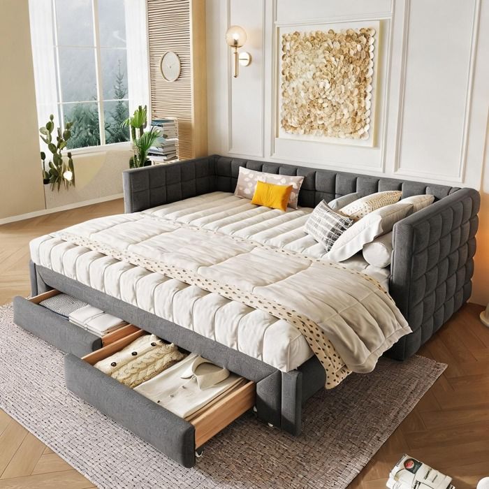 Méridienne avec rangement 90x200 cm velours gris froid convertible en lit queen size et tiroirs